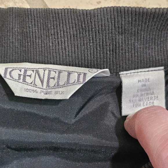 Genelli Mens L Bomber Jacket Black Silk White Stripe Zip Vintage 80s Minimalist - Picture 4 of 7